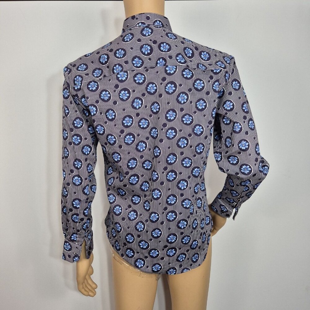 Visconti Black Button Up Flip Cuff Long Sleeve Shirt Men's Size S Blue Striped 8 - Picture 3 of 9